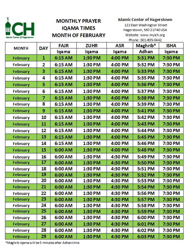 PRAYER SCHEDULE Islamic Center of Hagerstown