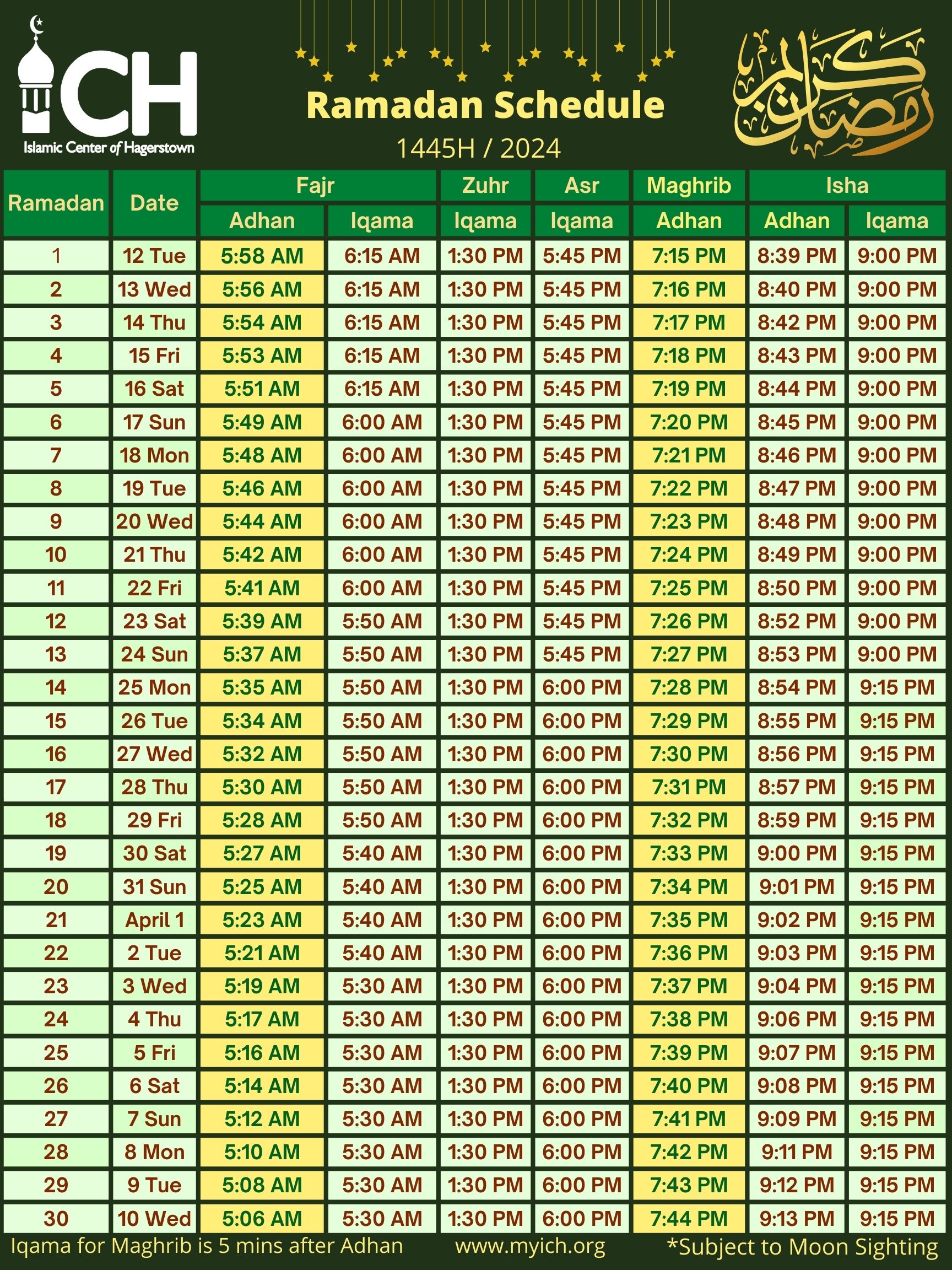 PRAYER SCHEDULE – Islamic Center of Hagerstown